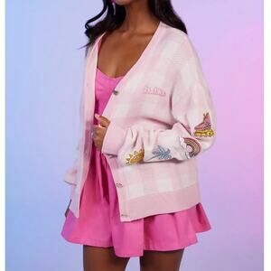 Barbie The Movie Pink Cardigan XS Heart Buttons Graphic Sleeve Sweater